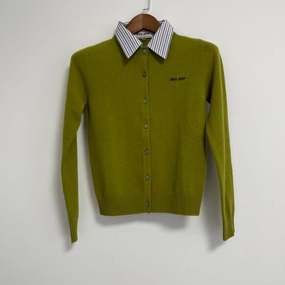 Miu Miu striped-collared knitted-logo cashmere cardigan - Picture 5 of 14